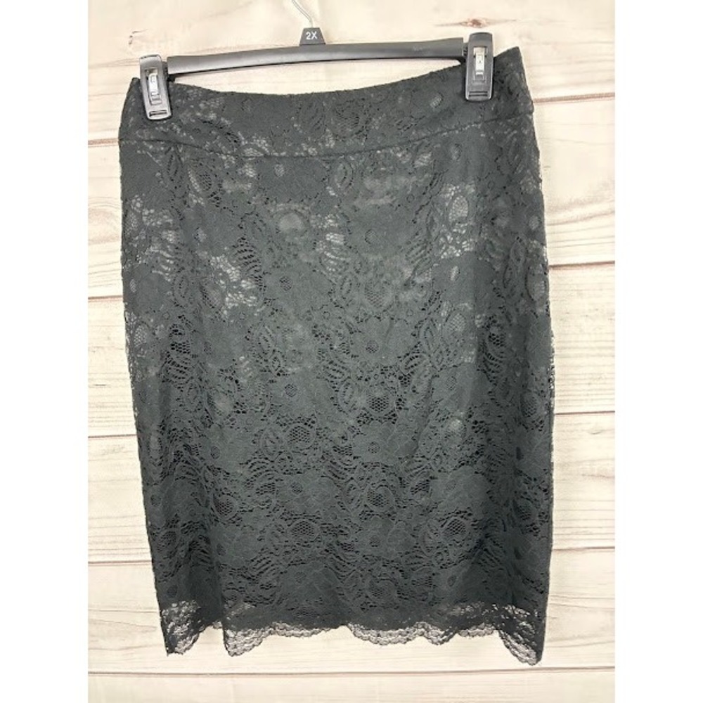Black Floral Lace Pencil Skirt Scalloped Eyelash Hem Knee Length Lined Size 2X
